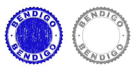Grunge BENDIGO stamp seals isolated on a white background. Rosette seals with grunge texture in blue and gray colors. Vector rubber imprint of BENDIGO caption inside round rosette.のイラスト素材