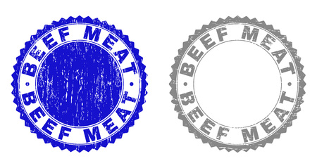 Grunge BEEF MEAT stamp seals isolated on a white background. Rosette seals with distress texture in blue and gray colors. Vector rubber imitation of BEEF MEAT title inside round rosette.のイラスト素材