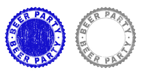Grunge BEER PARTY stamp seals isolated on a white background. Rosette seals with grunge texture in blue and grey colors. Vector rubber imprint of BEER PARTY text inside round rosette.のイラスト素材