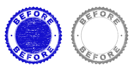 Grunge BEFORE stamp seals isolated on a white background. Rosette seals with grunge texture in blue and grey colors. Vector rubber imitation of BEFORE text inside round rosette.のイラスト素材