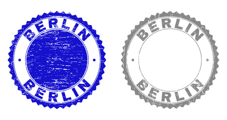 Grunge BERLIN stamp seals isolated on a white background. Rosette seals with grunge texture in blue and grey colors. Vector rubber overlay of BERLIN text inside round rosette.のイラスト素材