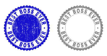 Grunge BEST BOSS EVER stamp seals isolated on a white background. Rosette seals with grunge texture in blue and grey colors. Vector rubber overlay of BEST BOSS EVER text inside round rosette.のイラスト素材