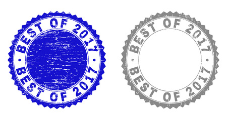 Grunge BEST OF 2017 stamp seals isolated on a white background. Rosette seals with grunge texture in blue and grey colors. Vector rubber imprint of BEST OF 2017 text inside round rosette.のイラスト素材