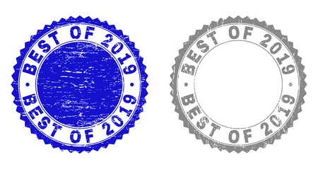 Grunge BEST OF 2019 stamp seals isolated on a white background. Rosette seals with distress texture in blue and gray colors. Vector rubber imprint of BEST OF 2019 caption inside round rosette.のイラスト素材