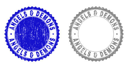 Grunge ANGELS & DEMONS stamp seals isolated on a white background. Rosette seals with grunge texture in blue and grey colors. Vector rubber overlay of ANGELS & DEMONS title inside round rosette.のイラスト素材