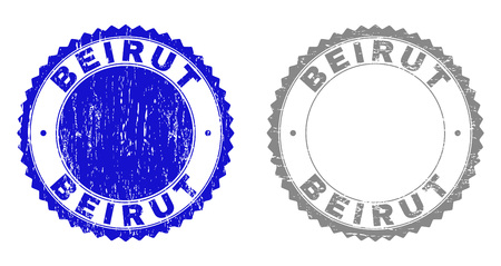 Grunge BEIRUT stamp seals isolated on a white background. Rosette seals with distress texture in blue and grey colors. Vector rubber overlay of BEIRUT text inside round rosette.のイラスト素材