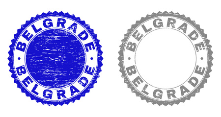 Grunge BELGRADE stamp seals isolated on a white background. Rosette seals with grunge texture in blue and grey colors. Vector rubber imitation of BELGRADE title inside round rosette.のイラスト素材