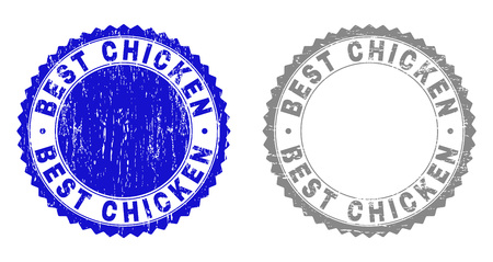 Grunge BEST CHICKEN stamp seals isolated on a white background. Rosette seals with grunge texture in blue and grey colors. Vector rubber watermark of BEST CHICKEN text inside round rosette.のイラスト素材