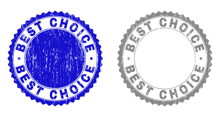 Grunge BEST CHOICE stamp seals isolated on a white background. Rosette seals with grunge texture in blue and gray colors. Vector rubber imitation of BEST CHOICE caption inside round rosette.のイラスト素材