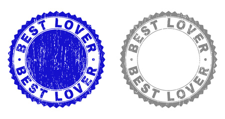 Grunge BEST LOVER stamp seals isolated on a white background. Rosette seals with grunge texture in blue and gray colors. Vector rubber overlay of BEST LOVER label inside round rosette.のイラスト素材