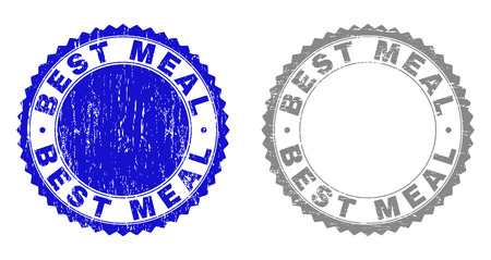 Grunge BEST MEAL stamp seals isolated on a white background. Rosette seals with grunge texture in blue and grey colors. Vector rubber overlay of BEST MEAL caption inside round rosette.のイラスト素材