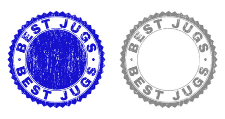 Grunge BEST JUGS stamp seals isolated on a white background. Rosette seals with grunge texture in blue and grey colors. Vector rubber imitation of BEST JUGS text inside round rosette.のイラスト素材