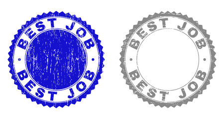 Grunge BEST JOB stamp seals isolated on a white background. Rosette seals with grunge texture in blue and grey colors. Vector rubber imitation of BEST JOB title inside round rosette.のイラスト素材