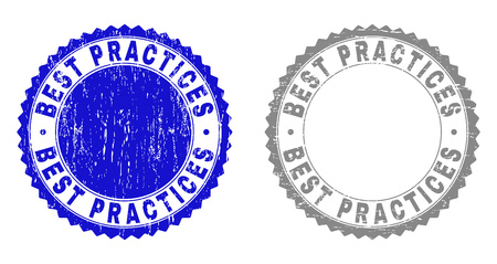 Grunge BEST PRACTICES stamp seals isolated on a white background. Rosette seals with grunge texture in blue and gray colors. Vector rubber imprint of BEST PRACTICES label inside round rosette.のイラスト素材