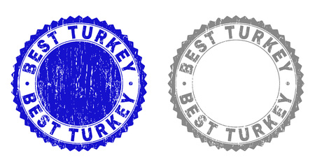 Grunge BEST TURKEY stamp seals isolated on a white background. Rosette seals with distress texture in blue and grey colors. Vector rubber watermark of BEST TURKEY text inside round rosette.のイラスト素材