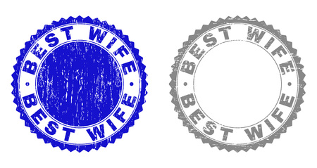 Grunge BEST WIFE stamp seals isolated on a white background. Rosette seals with grunge texture in blue and gray colors. Vector rubber watermark of BEST WIFE label inside round rosette.のイラスト素材