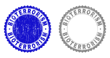 Grunge BIOTERRORISM stamp seals isolated on a white background. Rosette seals with grunge texture in blue and gray colors. Vector rubber watermark of BIOTERRORISM label inside round rosette.のイラスト素材