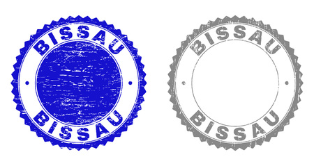 Grunge BISSAU stamp seals isolated on a white background. Rosette seals with distress texture in blue and gray colors. Vector rubber imitation of BISSAU caption inside round rosette.のイラスト素材