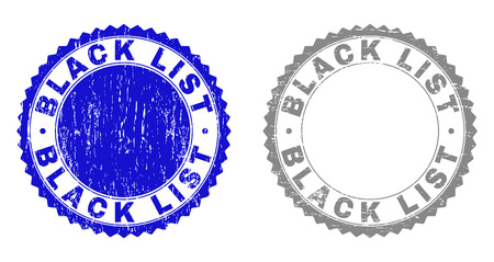 Grunge BLACK LIST stamp seals isolated on a white background. Rosette seals with grunge texture in blue and grey colors. Vector rubber imprint of BLACK LIST label inside round rosette.のイラスト素材