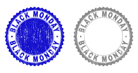 Grunge BLACK MONDAY stamp seals isolated on a white background. Rosette seals with distress texture in blue and grey colors. Vector rubber imitation of BLACK MONDAY text inside round rosette.のイラスト素材