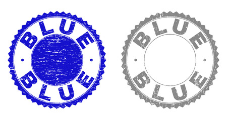 Grunge BLUE stamp seals isolated on a white background. Rosette seals with grunge texture in blue and grey colors. Vector rubber imitation of BLUE label inside round rosette.のイラスト素材