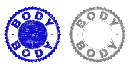 Grunge BODY stamp seals isolated on a white background. Rosette seals with grunge texture in blue and gray colors. Vector rubber overlay of BODY tag inside round rosette. Stamp seals with dust styles.のイラスト素材