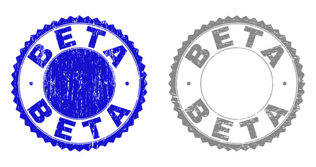 Grunge BETA stamp seals isolated on a white background. Rosette seals with grunge texture in blue and grey colors. Vector rubber overlay of BETA title inside round rosette.のイラスト素材
