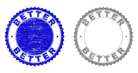 Grunge BETTER stamp seals isolated on a white background. Rosette seals with grunge texture in blue and gray colors. Vector rubber watermark of BETTER caption inside round rosette.のイラスト素材