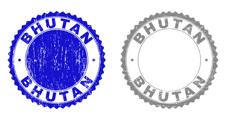Grunge BHUTAN stamp seals isolated on a white background. Rosette seals with grunge texture in blue and grey colors. Vector rubber watermark of BHUTAN tag inside round rosette.のイラスト素材