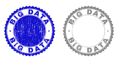 Grunge BIG DATA stamp seals isolated on a white background. Rosette seals with grunge texture in blue and gray colors. Vector rubber watermark of BIG DATA title inside round rosette.のイラスト素材
