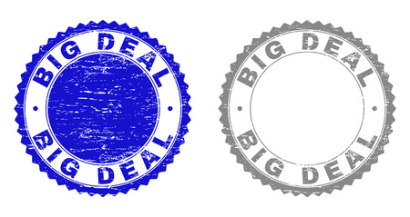 Grunge BIG DEAL stamp seals isolated on a white background. Rosette seals with grunge texture in blue and grey colors. Vector rubber imprint of BIG DEAL text inside round rosette.のイラスト素材