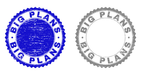 Grunge BIG PLANS stamp seals isolated on a white background. Rosette seals with grunge texture in blue and grey colors. Vector rubber watermark of BIG PLANS caption inside round rosette.のイラスト素材