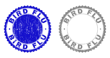 Grunge BIRD FLU stamp seals isolated on a white background. Rosette seals with grunge texture in blue and grey colors. Vector rubber watermark of BIRD FLU title inside round rosette.のイラスト素材