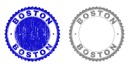 Grunge BOSTON stamp seals isolated on a white background. Rosette seals with distress texture in blue and gray colors. Vector rubber imitation of BOSTON title inside round rosette.のイラスト素材