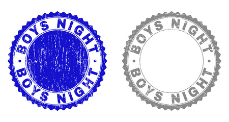 Grunge BOYS NIGHT stamp seals isolated on a white background. Rosette seals with grunge texture in blue and grey colors. Vector rubber imprint of BOYS NIGHT text inside round rosette.のイラスト素材