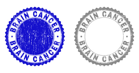 Grunge BRAIN CANCER stamp seals isolated on a white background. Rosette seals with distress texture in blue and grey colors. Vector rubber imprint of BRAIN CANCER caption inside round rosette.のイラスト素材