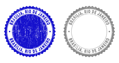 Grunge BRASILIA, RIO DE JANEIRO stamp seals isolated on a white background. Rosette seals with grunge texture in blue and gray colors. Vector rubber overlay of BRASILIA,のイラスト素材
