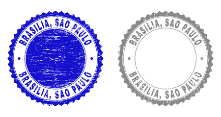 Grunge BRASILIA, SAO PAULO stamp seals isolated on a white background. Rosette seals with grunge texture in blue and grey colors. Vector rubber imprint of BRASILIA,のイラスト素材