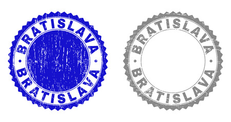 Grunge BRATISLAVA stamp seals isolated on a white background. Rosette seals with grunge texture in blue and grey colors. Vector rubber watermark of BRATISLAVA tag inside round rosette.のイラスト素材