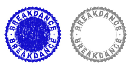 Grunge BREAKDANCE stamp seals isolated on a white background. Rosette seals with grunge texture in blue and grey colors. Vector rubber watermark of BREAKDANCE text inside round rosette.のイラスト素材