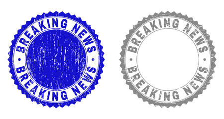 Grunge BREAKING NEWS watermarks isolated on a white background. Rosette seals with grunge texture in blue and gray colors. Vector rubber imprint of BREAKING NEWS text inside round rosette.のイラスト素材