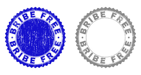 Grunge BRIBE FREE stamp seals isolated on a white background. Rosette seals with distress texture in blue and grey colors. Vector rubber imitation of BRIBE FREE title inside round rosette.のイラスト素材