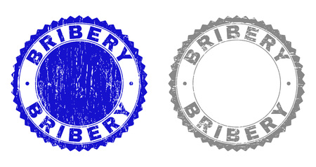 Grunge BRIBERY stamp seals isolated on a white background. Rosette seals with grunge texture in blue and grey colors. Vector rubber watermark of BRIBERY label inside round rosette.のイラスト素材