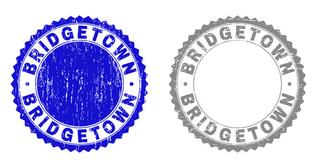 Grunge BRIDGETOWN stamp seals isolated on a white background. Rosette seals with grunge texture in blue and gray colors. Vector rubber overlay of BRIDGETOWN title inside round rosette.のイラスト素材