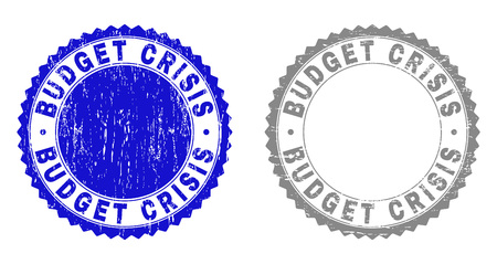 Grunge BUDGET CRISIS stamp seals isolated on a white background. Rosette seals with grunge texture in blue and grey colors. Vector rubber watermark of BUDGET CRISIS title inside round rosette.のイラスト素材