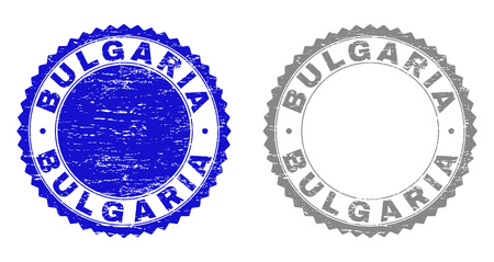 Grunge BULGARIA stamp seals isolated on a white background. Rosette seals with grunge texture in blue and gray colors. Vector rubber watermark of BULGARIA caption inside round rosette.のイラスト素材