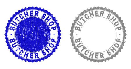 Grunge BUTCHER SHOP stamp seals isolated on a white background. Rosette seals with distress texture in blue and grey colors. Vector rubber imitation of BUTCHER SHOP title inside round rosette.のイラスト素材