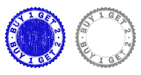 Grunge BUY 1 GET 2 stamp seals isolated on a white background. Rosette seals with grunge texture in blue and grey colors. Vector rubber imprint of BUY 1 GET 2 label inside round rosette.のイラスト素材