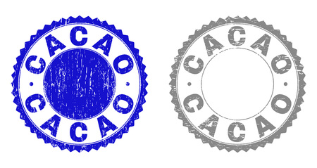 Grunge CACAO stamp seals isolated on a white background. Rosette seals with grunge texture in blue and grey colors. Vector rubber overlay of CACAO label inside round rosette.のイラスト素材