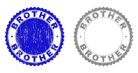 Grunge BROTHER stamp seals isolated on a white background. Rosette seals with grunge texture in blue and grey colors. Vector rubber imprint of BROTHER title inside round rosette.のイラスト素材